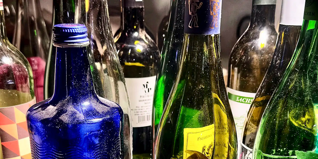 Verschiedene leere Glasflaschen in Blau, Grün und Transparent, leicht staubig, eng nebeneinander aufgestellt.